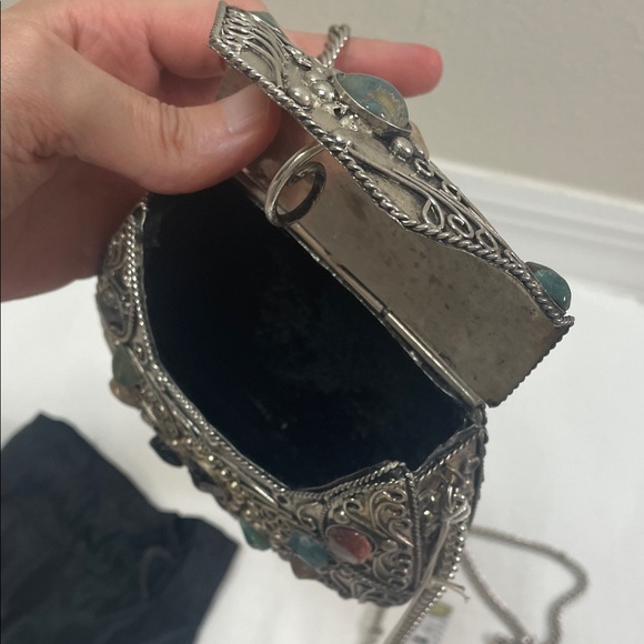 Vintage Metal Purse Sajai With Natural Agate Stones Long Chain mini bag - Picture 10 of 16